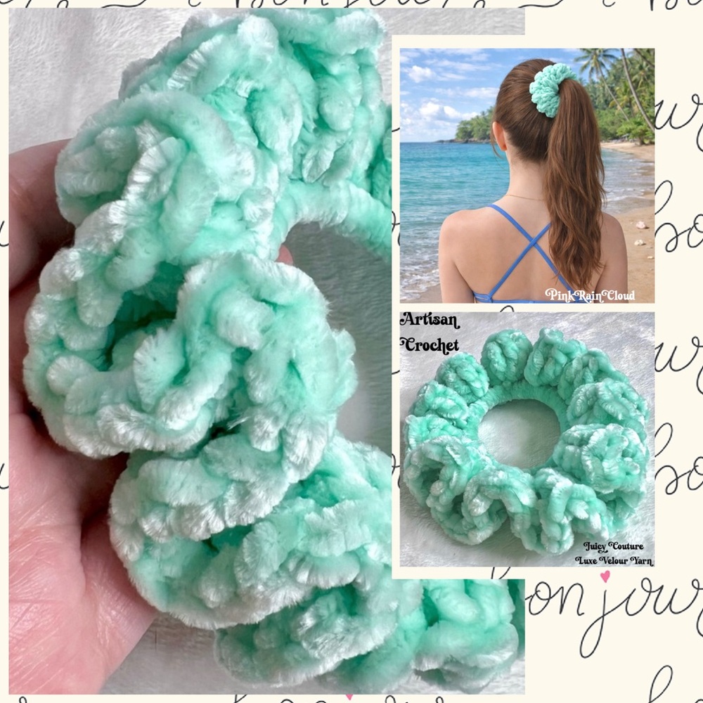 Handmade VELVET Crochet Hair Scrunchie Mint Green Soft Hair Tie PinkRainCloud